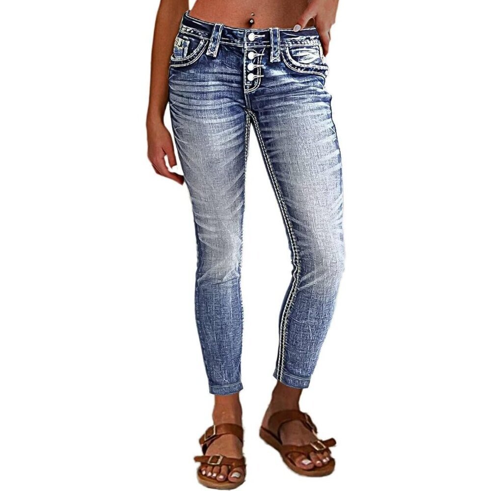Women's Denim Jeans Mid Rise Skinny Ripped Casual Button Fly Pockets